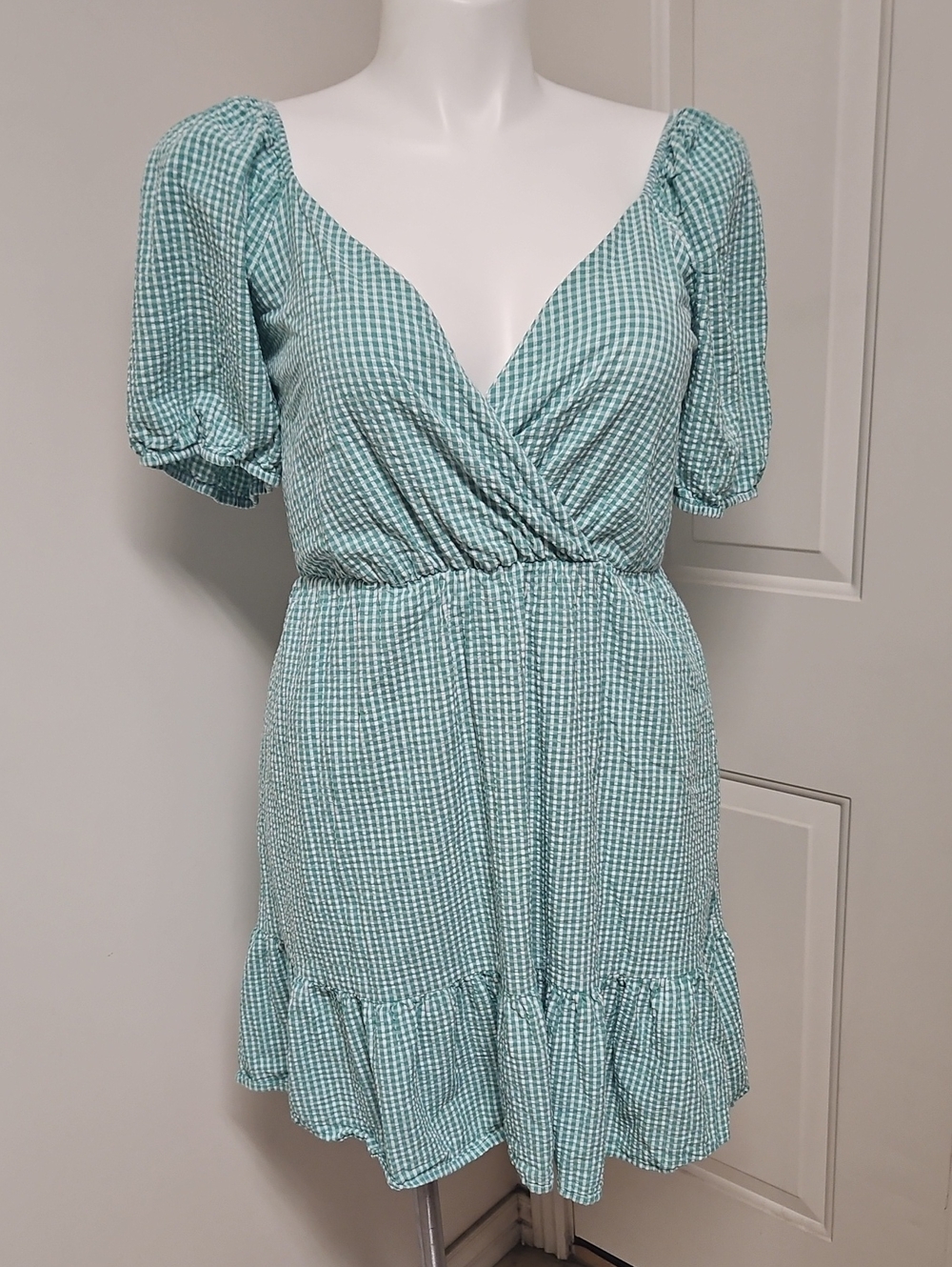 Draper James Mint Green Gingham V‑Neck Ruffle Mini Dress